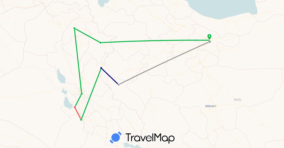 TravelMap itinerary: driving, bus, plane, hiking in Iraq, Iran (Asia)